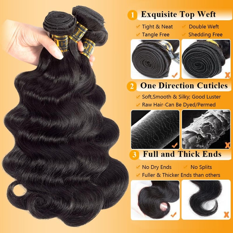 QTHAIR Brazilian Virgin Hair 18A Grade Body Wave Bundles 100% Unprocessed Virgin Brazilian Body Wavy Human Hair Bundles 20" 18" 16" 300g Brazilian Body Wave Human Hair Extensions - Image 3